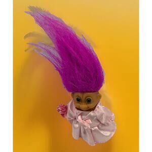 Vintage Russ Troll Doll Flower Girl wedding pink hair satiny dress